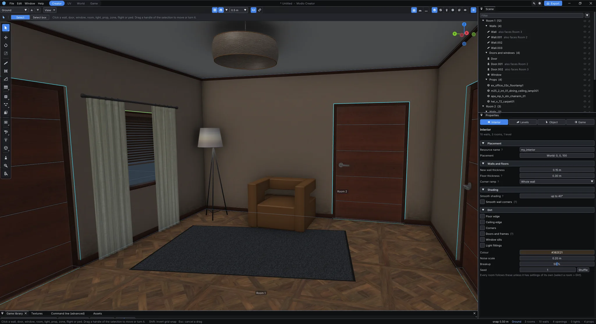 A furnished, lit room in the Modlo Creator editor