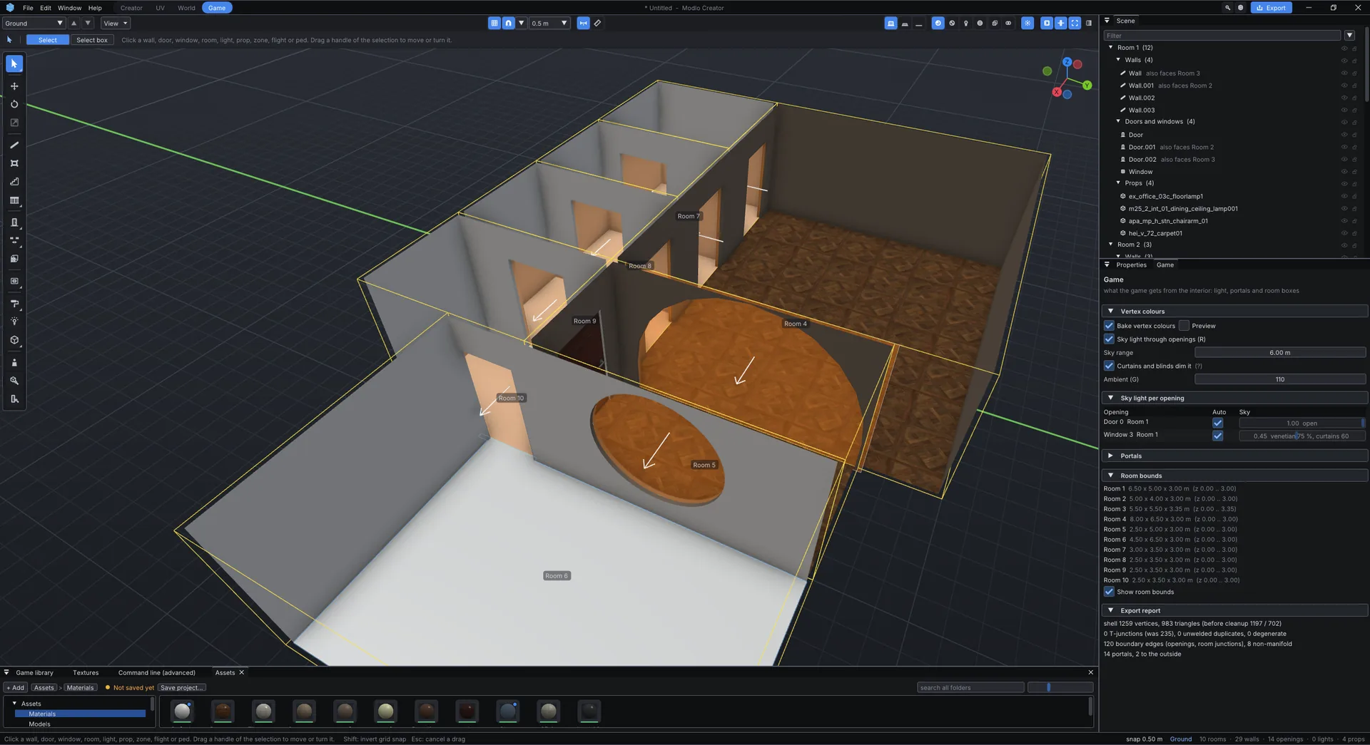 Room bounds and portals generated automatically for a ten-room interior