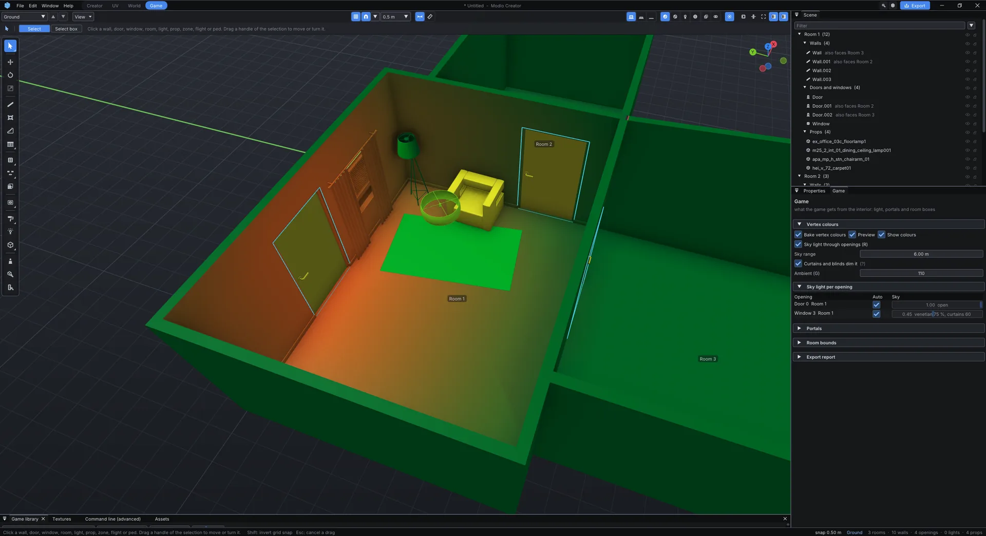 Baked vertex colours with sky light coming through a window
